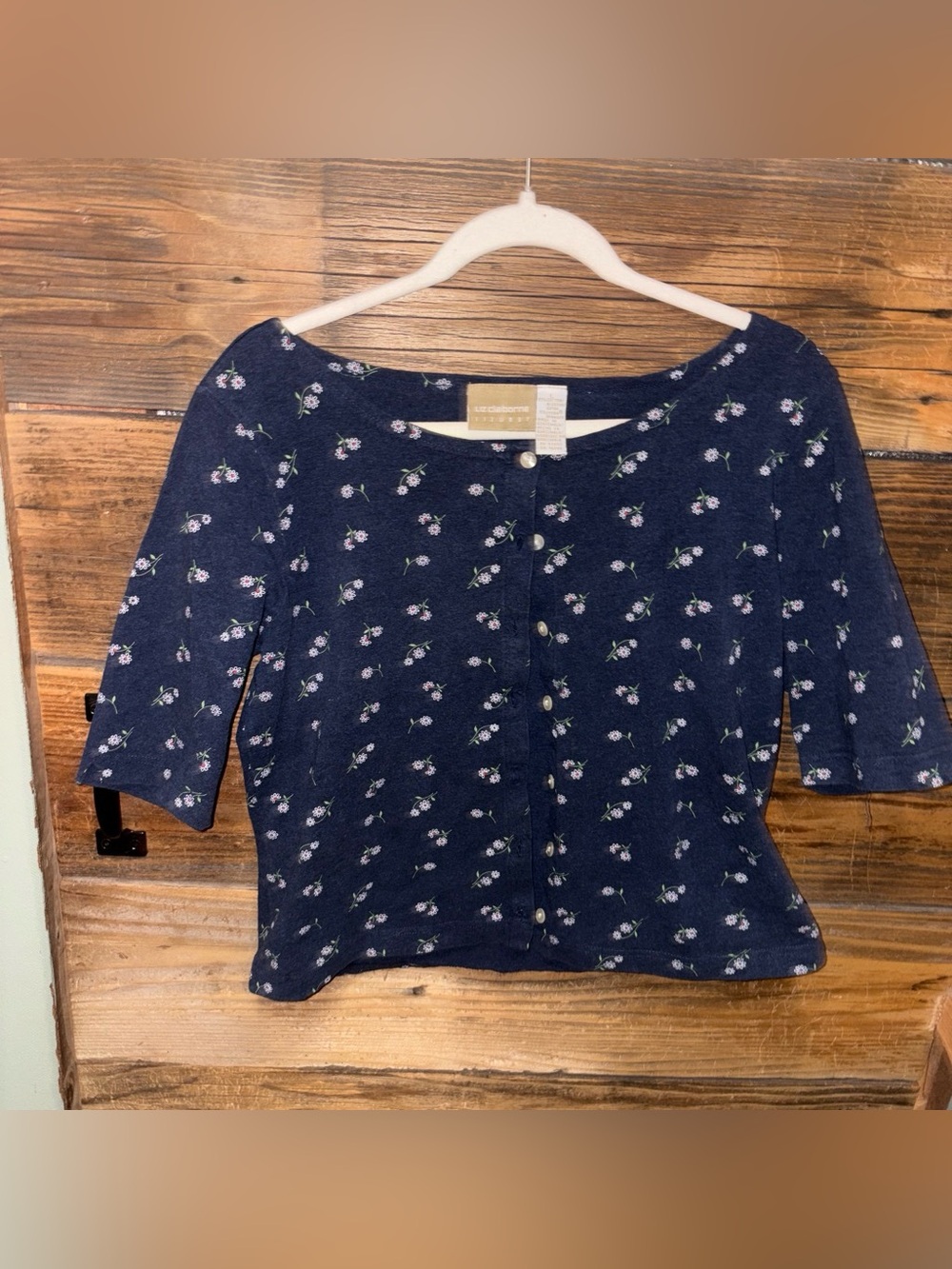 VINTAGE Liz Claiborne Navy Floral Button-Front Top